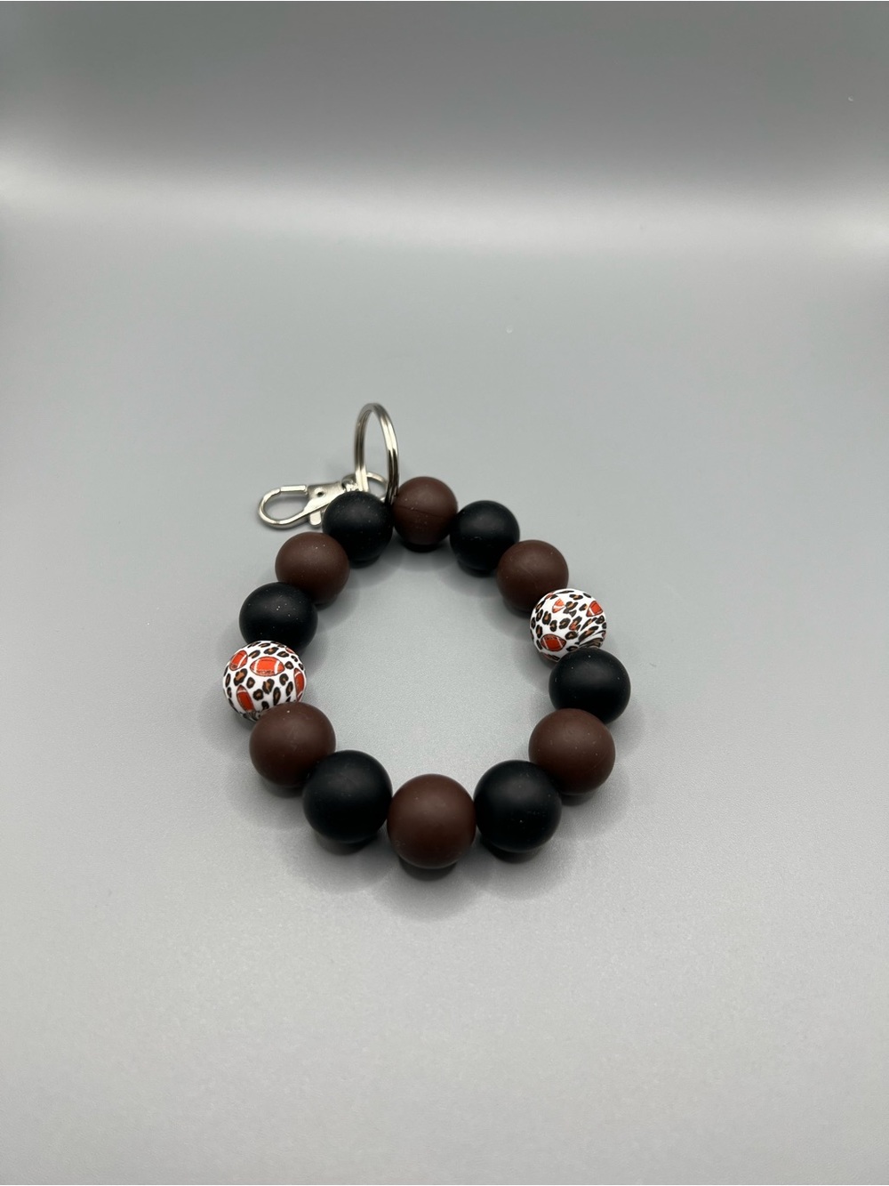 Beaded Keychain Bracelet with Brown, Black and Football Beads - Handmade - K0269